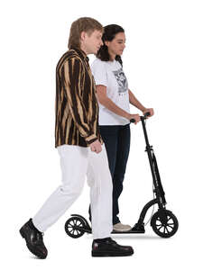 man and a woman with a scooter walking