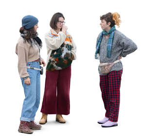 three colorful women standing and talking