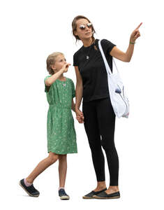 mother and daughter standing and pointing at smth