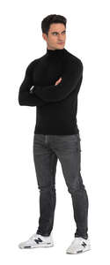 cut out man in a black turtle neck polo standing