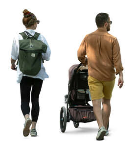 cut out family with a baby stroller walking in the park