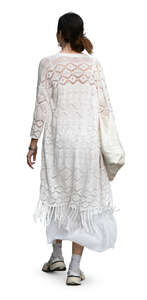 cut out woman in a white outfit walking