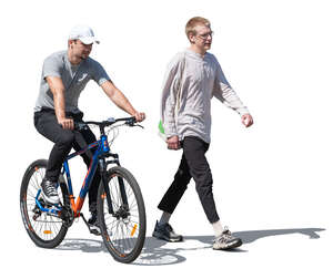 cut out man walking and a friend riding a bike next to him