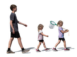 three cut out kids with a butterfly net walking