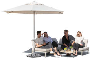 cut out group of friends relaxing on a sofa on a patio with parasol