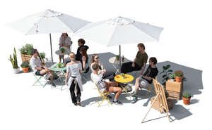 trendy hipster cafe with young people sitting and talking seen from above