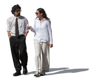 man and woman walking together and talking