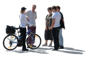 cut out backlit woman with a bike meeting with friends