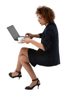 cut out businesswoman working and drinking coffee