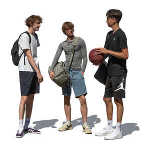 cut out group of three boys with a basketball meeting and talking