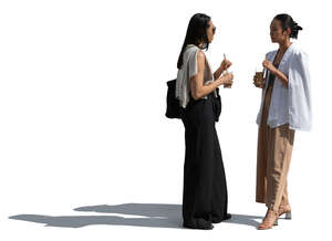two cut out asian women standing and drinking coffee drinks