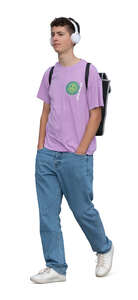 cut out teenage boy with headphones walking