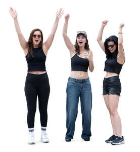 three cut out women cheering at a festival concert