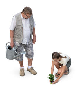 little girl planting flowers with her grandfather