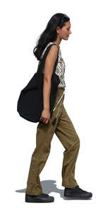 peruvian woman walking in side view