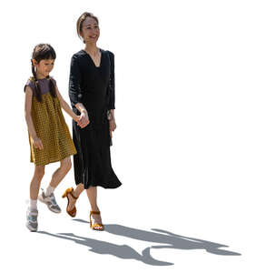 cut out backlit asian woman and child walking happily