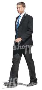 cut out man in a black suit walking