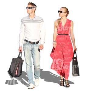 couple with shopping bags walking side by side