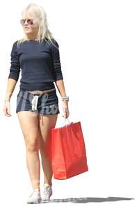 blond woman with a big red shopping bag