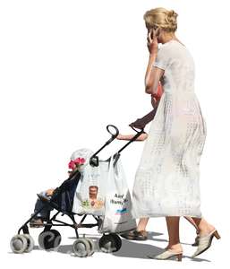 woman in a white dress pushing a stroller