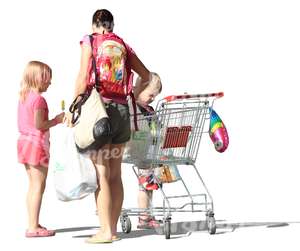 woman and two children standing with a shopping cart