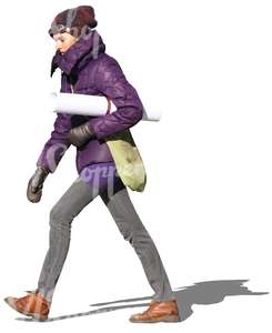 woman in a purple winter jacket walking