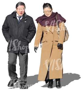 cut out asian couple walking in wintertime