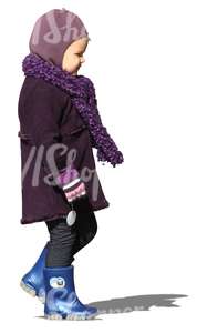 cut out girl in a purple winter coat walking