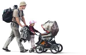 man with a backpack pushing a baby carriage