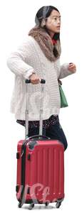 cut out asian woman standing with a suitcase