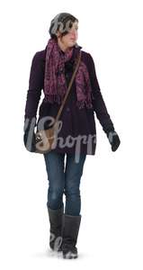 cut out woman in a purple coat walking