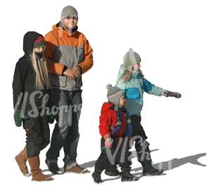 cut out man with three children walking in winter