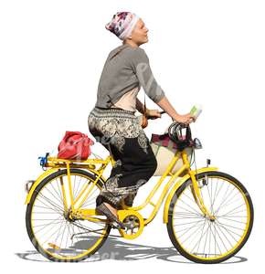 cut out woman riding a yellow bike