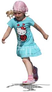 young girl in blue dress running