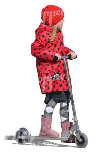 girl in a red coat riding a scooter