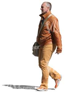 cut out man wearing a brown leather jacket walking