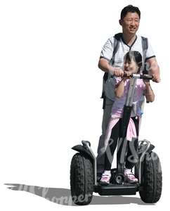 asian man riding a segway with his daughter