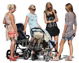 four women with baby strollers talking