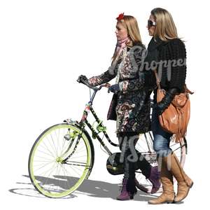 two women walking with a bike