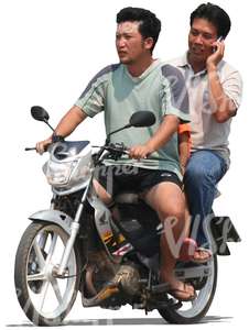 two asian men riding a motorcycle