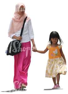 cut out muslim woman walking with her daugther