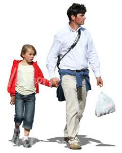 man walking hand in hand with his son