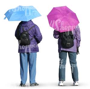 two people standing with umbrellas