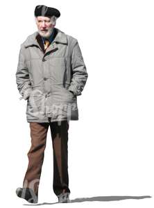 elderly man in a grey coat walking