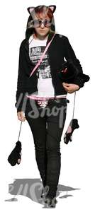girl in a black costume walking