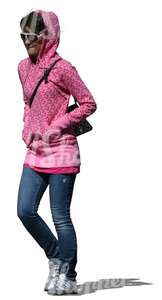 woman wearing a pink hoodie walking