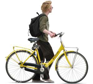 man walking with a yellow bike