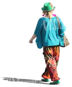 woman in colorful clothes walking
