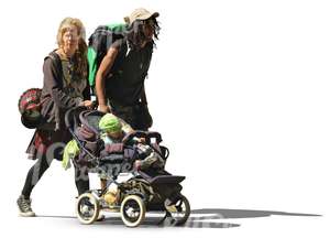 bohemian family pushing a baby stroller