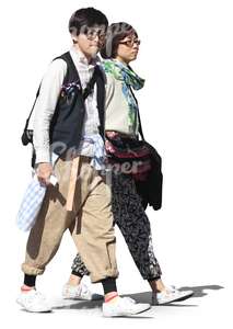 two bohemian asian people walking together